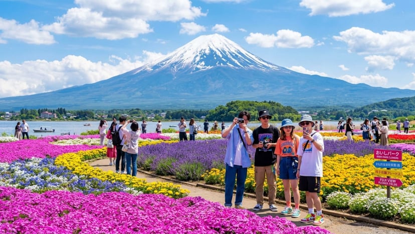 Colorful flowers at Oishi Park with Mount Fuji in the background.