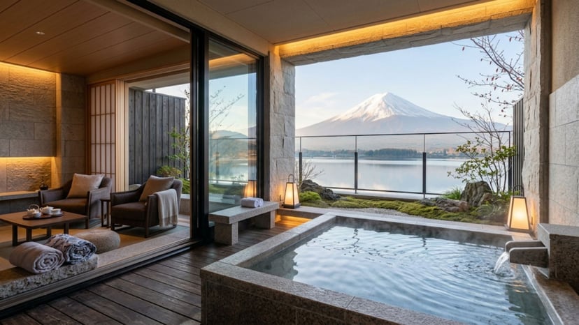 Relaxing in a luxury hot spring with a view of Mount Fuji in Hakone.