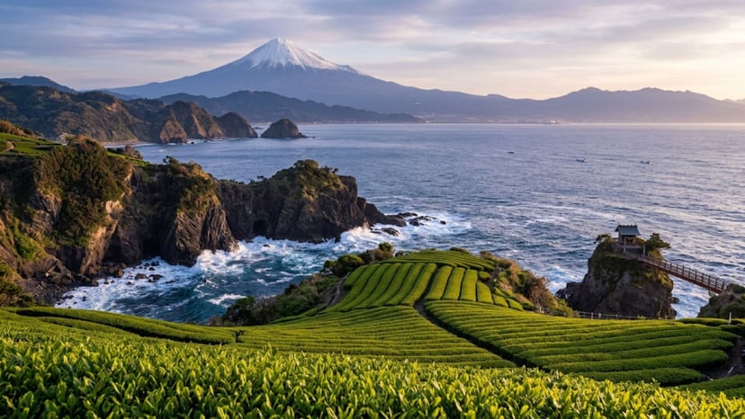 Breathtaking view of Mount Fuji from the Shizuoka coastline.