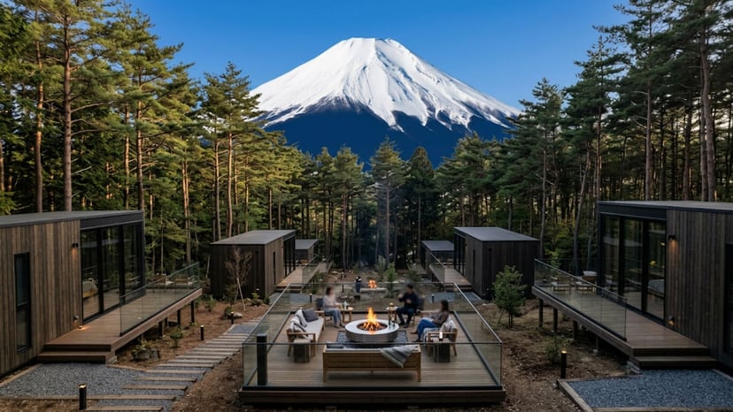 Luxury glamping retreat at Hoshinoya Fuji with a mountain view.