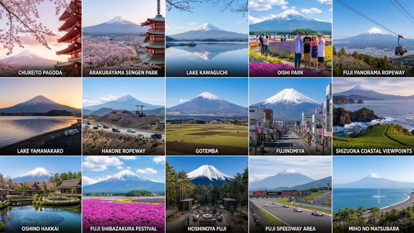 A 15-panel image collage showcasing famous and hidden viewpoints of Mt. Fuji across Japan.