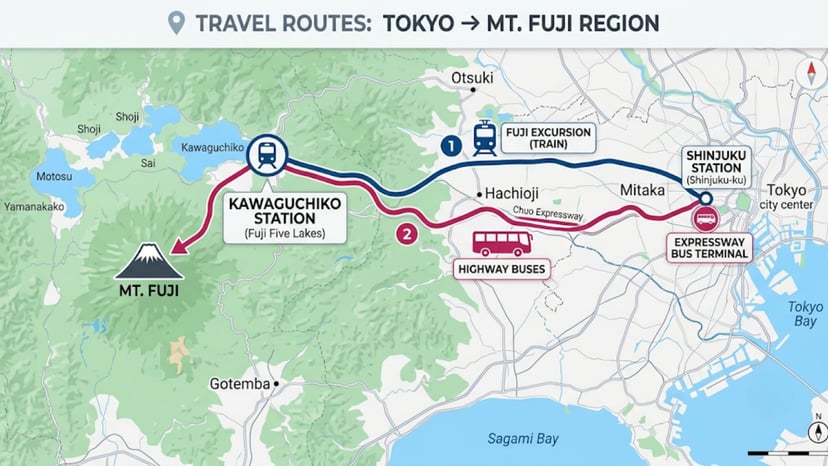 A map showing train and bus travel routes from Shinjuku Station to the Mount Fuji region.