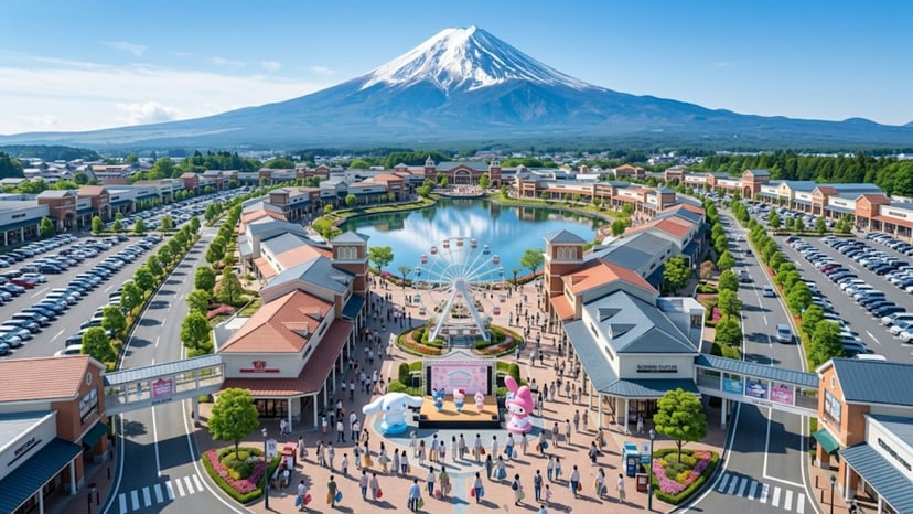 Panoramic view of Gotemba Premium Outlets shopping center with Mount Fuji in the background.