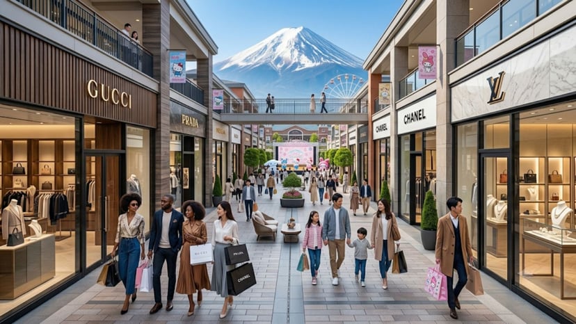 Shoppers walking past luxury storefronts at Gotemba Premium Outlets.
