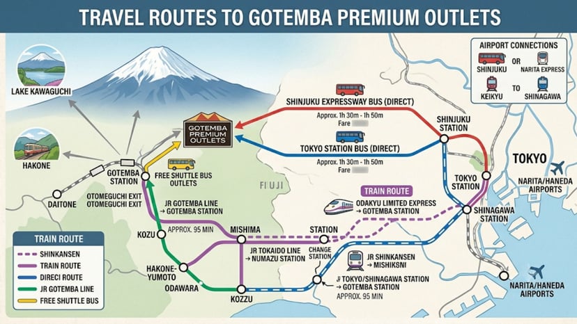 Map showing travel routes from Tokyo to Gotemba Premium Outlets via bus and train.