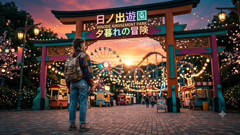 A traveler at the entrance of a vibrant Japanese theme park at golden hour.