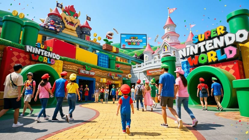 Visitors exploring the colorful Super Nintendo World at USJ Osaka.