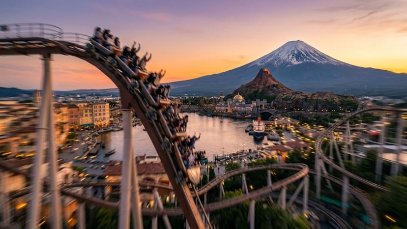 Roller coaster drop at Fuji-Q Highland with Mt. Fuji in the background.