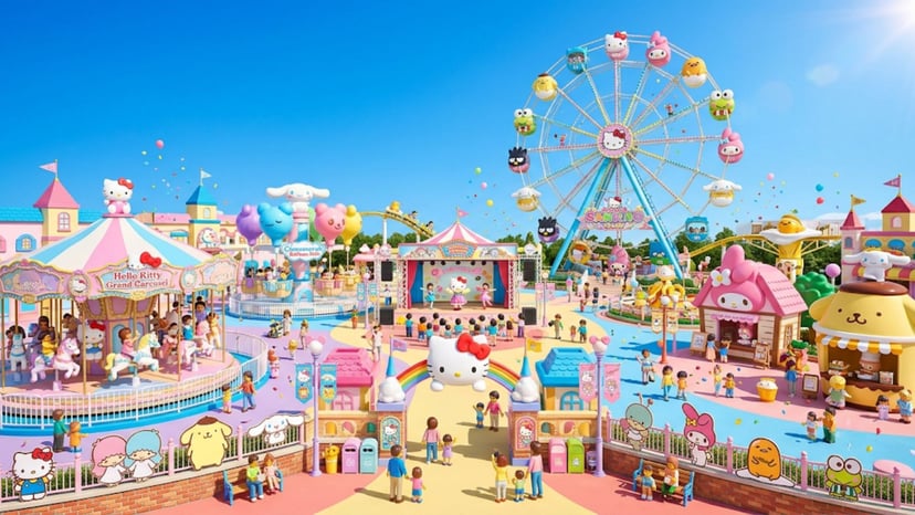 Colorful outdoor scenery and rides at Sanrio Harmonyland in Oita.