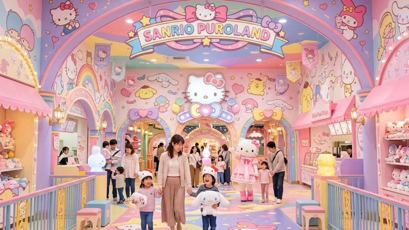 Colorful and cute interior of Sanrio Puroland Tokyo.