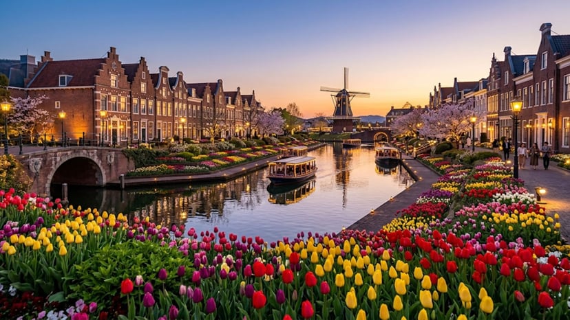 Picturesque canal and Dutch architecture at Huis Ten Bosch Nagasaki.