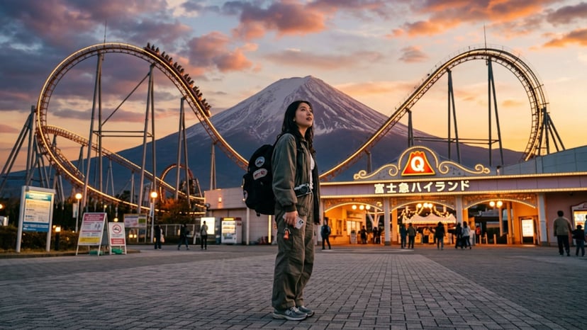 A traveler looking at Fuji-Q Highland roller coasters with Mount Fuji in the background.