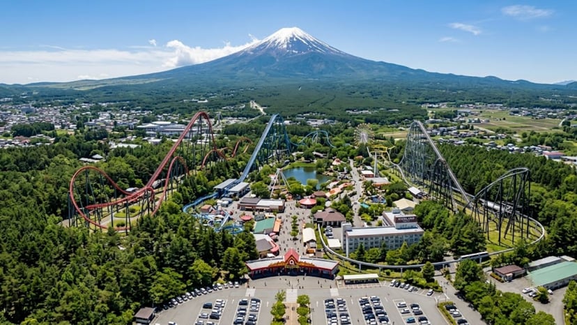 Panoramic view of Fuji-Q Highland amusement park near Mount Fuji.