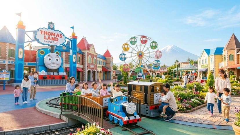 Families enjoying rides at Thomas Land in Fuji-Q Highland.