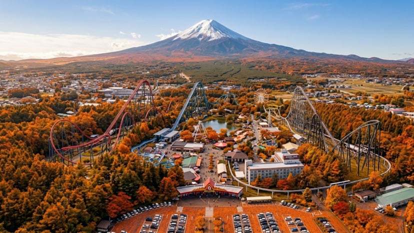 Fuji-Q Highland park surrounded by vibrant autumn foliage.