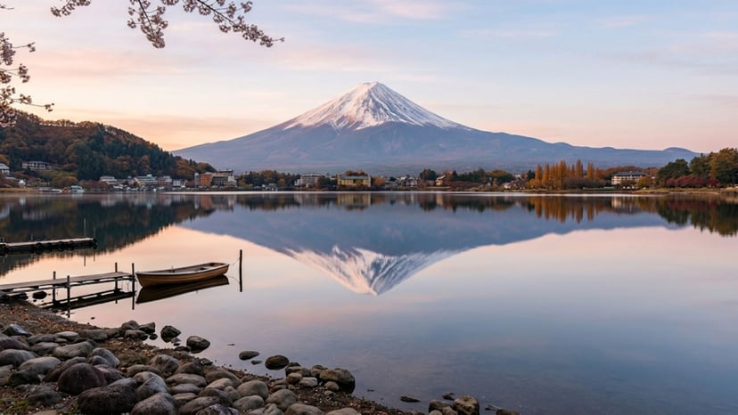 Scenic view of Lake Kawaguchi with Mount Fuji reflection.