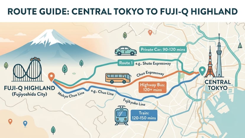 Map showing travel routes from Tokyo to Fuji-Q Highland via private car, bus, and train.