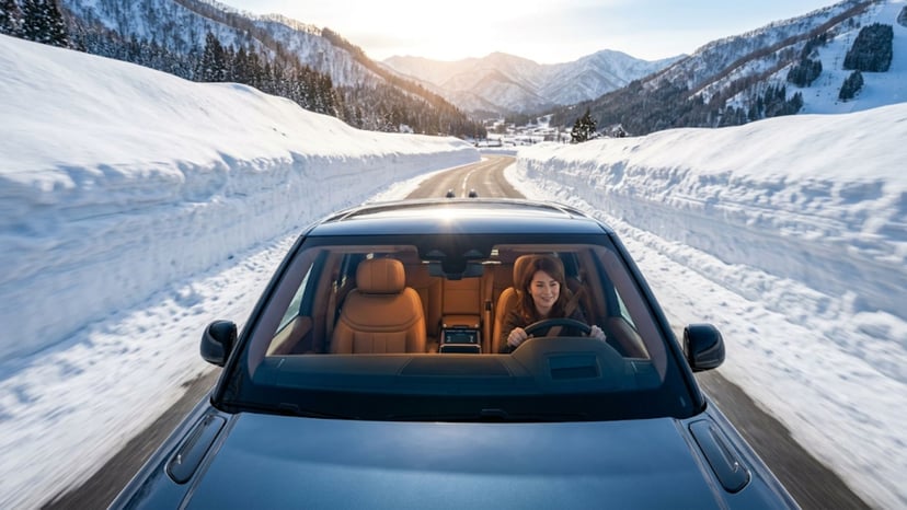Luxury tour vehicle traveling through a snowy landscape in Yuzawa.