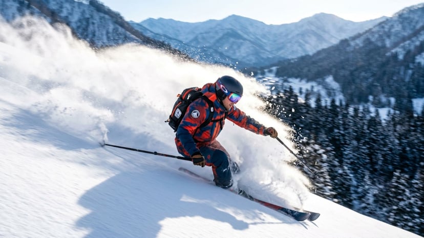 A skier carving through deep, fresh powder snow at Kagura Ski Resort.