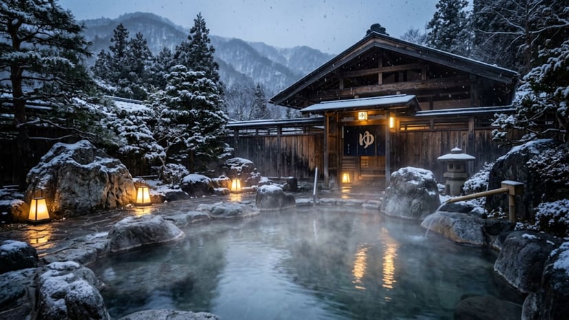 Relaxing in a traditional outdoor onsen surrounded by falling snow.