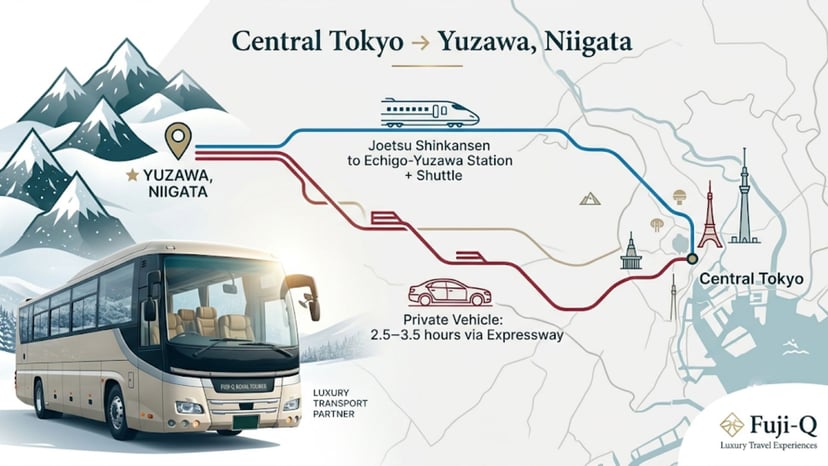 Map showing travel routes from Tokyo to Kagura Ski Resort via Joetsu Shinkansen and private car.