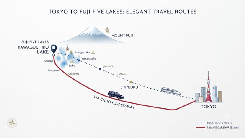 Transportation map comparing train and private car routes from Tokyo to Fuji Five Lakes