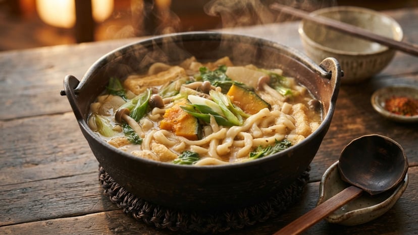 A steaming bowl of Hoto noodles, a traditional Yamanashi regional dish.