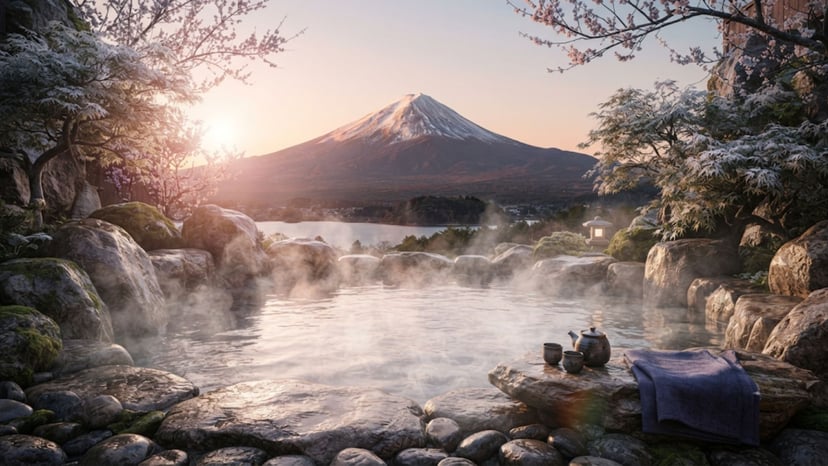 Relaxing in an outdoor hot spring (onsen) with a view of Mount Fuji.