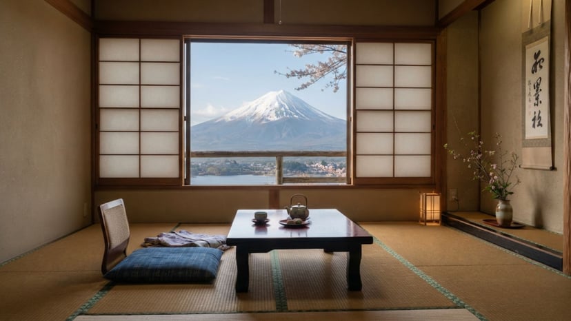 Interior of a traditional Japanese ryokan room with a view of Mount Fuji.