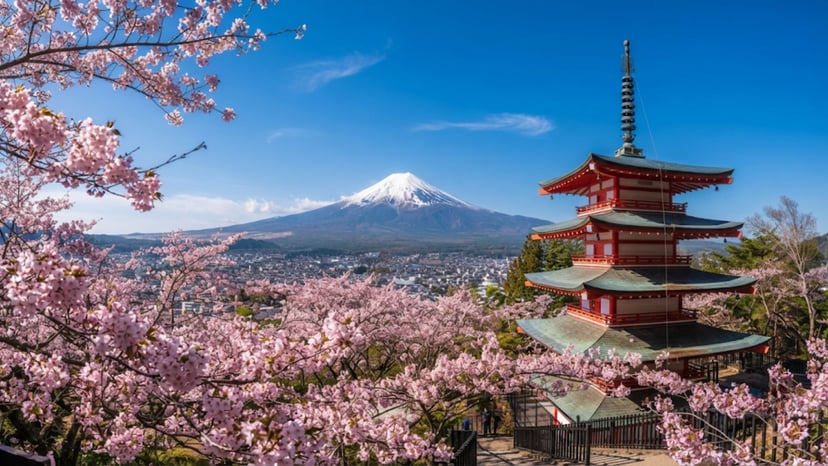 Famous view of the Chureito Pagoda with Mount Fuji in the background during cherry blossom season.