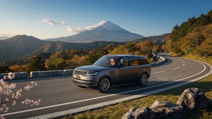 Luxury private vehicle with gear storage driving towards Mount Fuji.