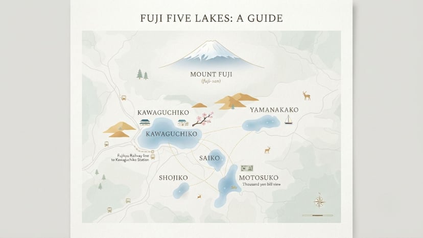 Map showing the five lakes at the base of Mount Fuji.