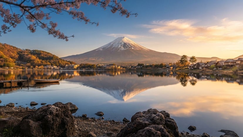 Iconic panoramic view of Lake Kawaguchiko with Mount Fuji in the background.