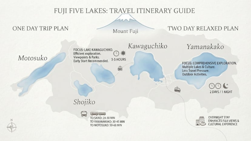 Simple navigation map showing the relative positions of the five lakes near Mount Fuji.