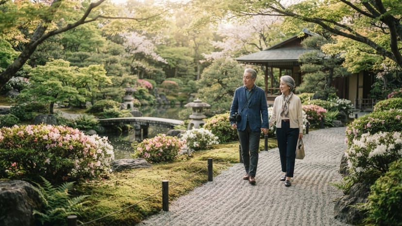 A senior couple enjoying a peaceful moment in a traditional Japanese garden in Kyoto.