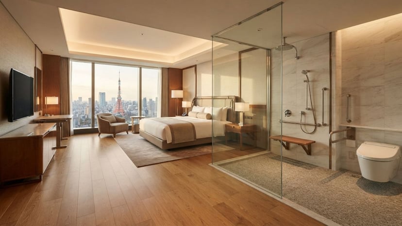A modern, accessible hotel room in Tokyo with barrier-free features and a calm design.