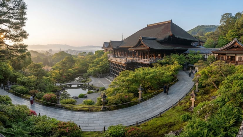 A peaceful view of a historic Kyoto temple with accessible pathways.