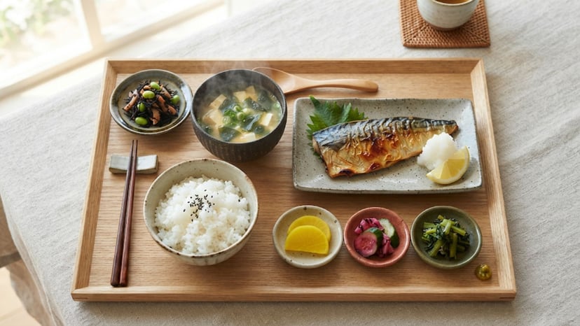 A balanced and nutritious Japanese meal featuring steamed fish, rice, and fresh vegetables.