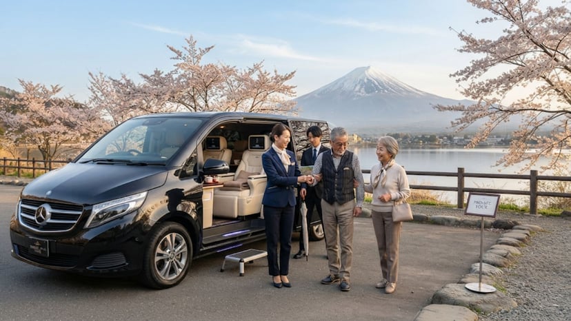 A senior couple being greeted by a private tour guide in a comfortable vehicle.