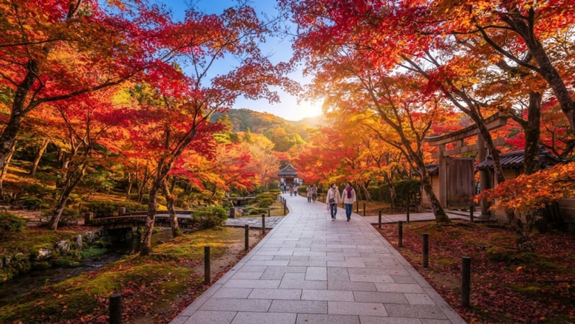 Vibrant red maple leaves framing a scenic walking path in autumn.