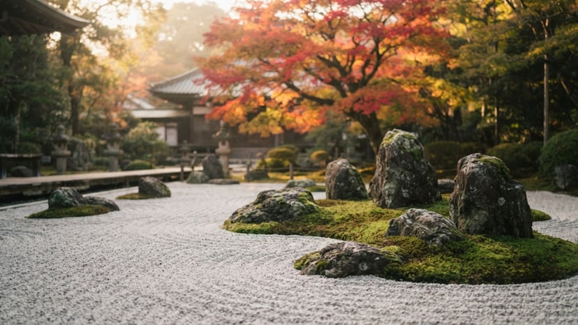 A tranquil Zen garden view at Hokokuji Temple with moss-covered stones and maple trees.