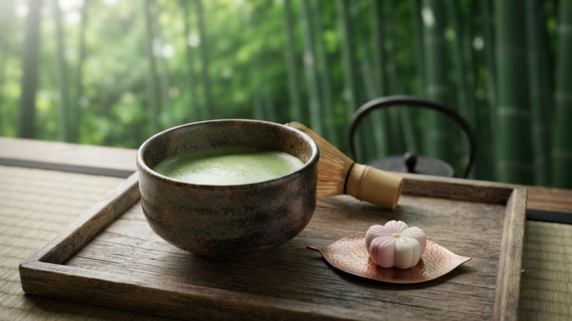 A bowl of whisked matcha tea and a traditional sweet served at Hokokuji tea house.