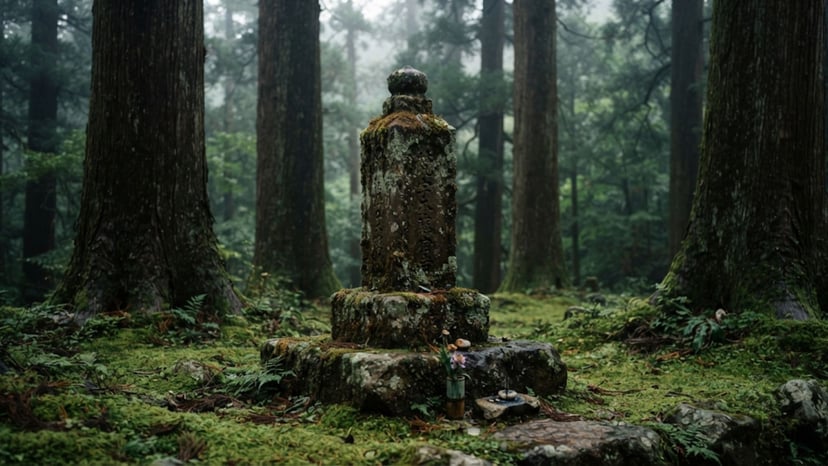 Ancient stone monuments and historical markers at Hokokuji Temple representing the Ashikaga clan.