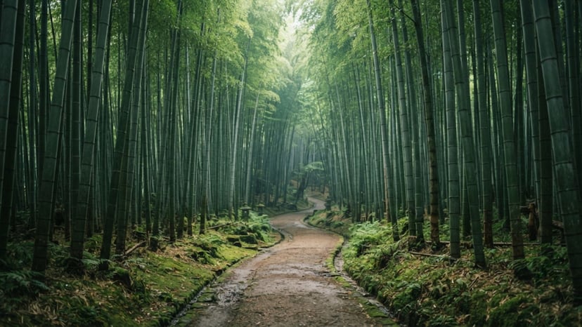 A narrow, winding path leading deep into the Hokokuji bamboo grove.