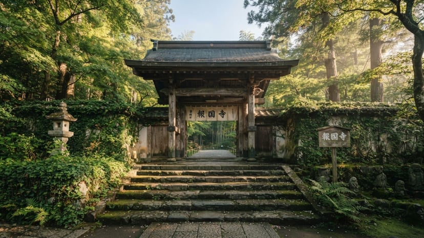 The traditional wooden entrance gate (Sanmon) of Hokokuji Temple in Kamakura.