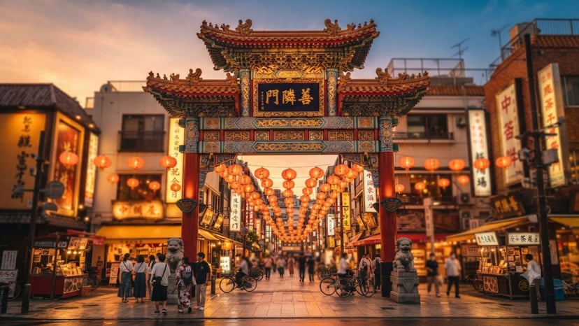 The iconic Zenrinmon Gate at the entrance of Yokohama Chinatown with glowing lanterns.