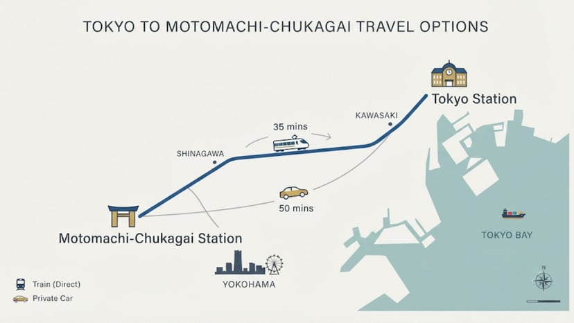 Map showing train routes from Tokyo to Motomachi-Chukagai Station.
