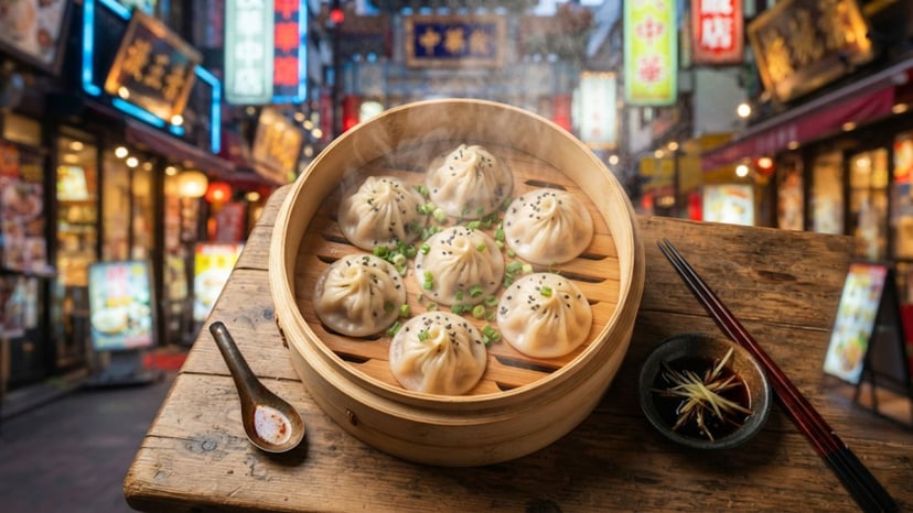 Freshly steamed Xiaolongbao soup dumplings in a bamboo steamer.