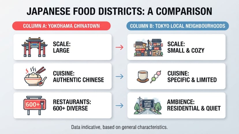 Comparison infographic showing Yokohama Chinatown is larger and more authentic than Tokyo districts.