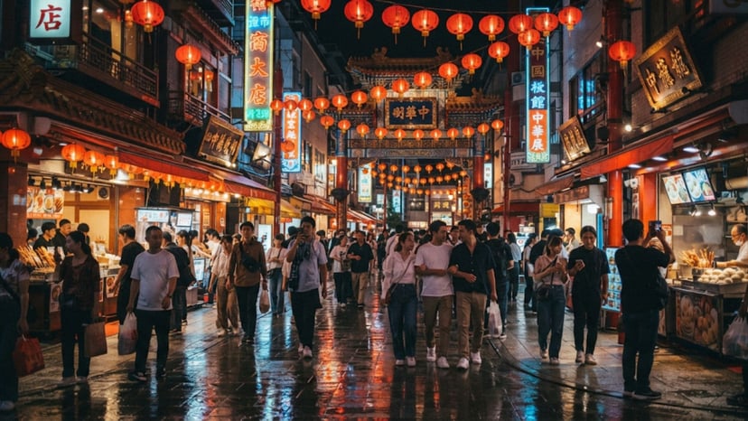 Streets of Yokohama Chinatown at night illuminated by thousands of red lanterns and neon signs.